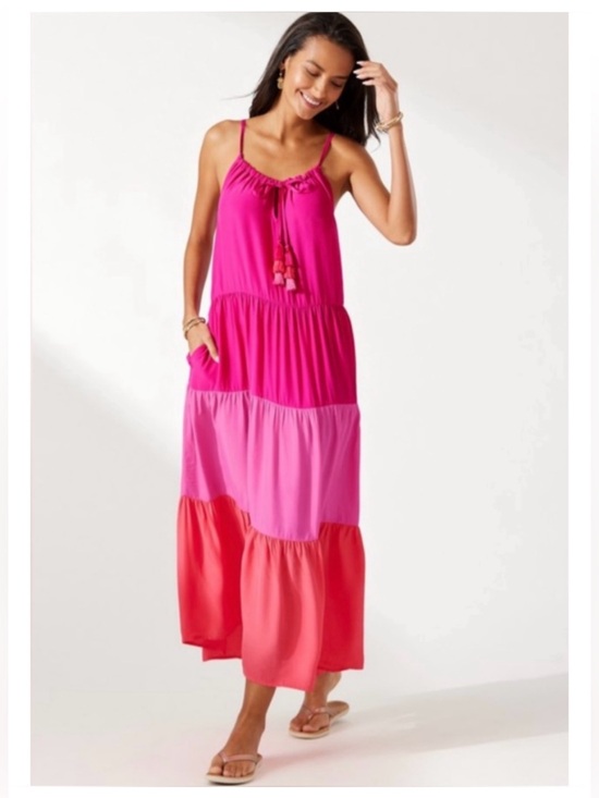 Tommy Bahama Dresses & Skirts - Tommy Bahama Colorblock Midi Tiered Dress in Pink Maui Size XL 16 / 18